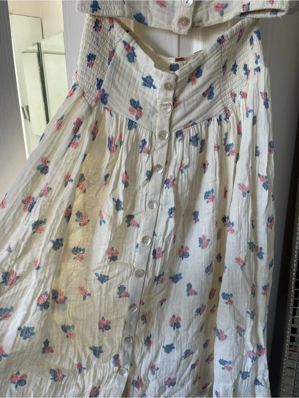Free People White Floral Button-Front Skirt Set with Pink & Blue Accents